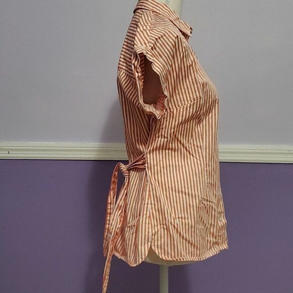 Talbots Pink & White Stripes Tie Waist Casual Coastal Button Front Top MP - Picture 6 of 10